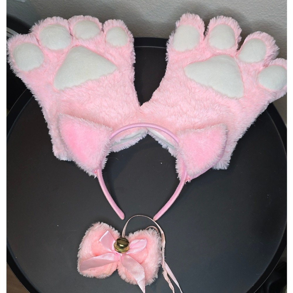 Halloween Pink Furry Cat Cosplay Set Paw Gloves Ear Headband Bell Choker 3 Piece
